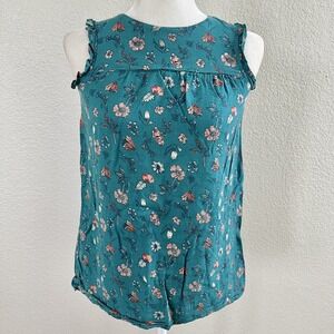 True Craft Girls Sz 8 Teal Blue Floral Sleeveless Shirt Top With Ruffle Sleeves